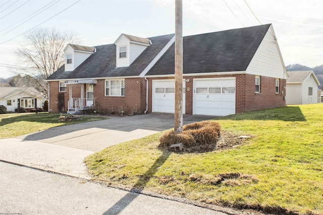 cape cod house featuring concrete driveway, brick siding, a front lawn, and an attached garage