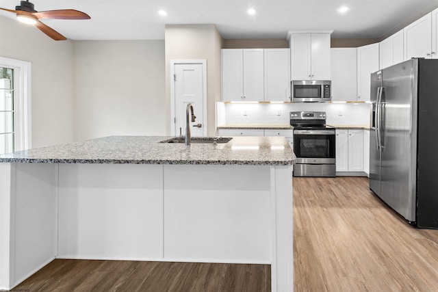 kitchen with appliances with stainless steel finishes, light wood-style floors, a sink, and light stone countertops