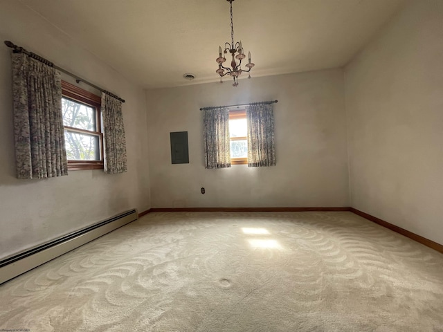 empty room with a baseboard radiator, baseboards, electric panel, carpet, and an inviting chandelier