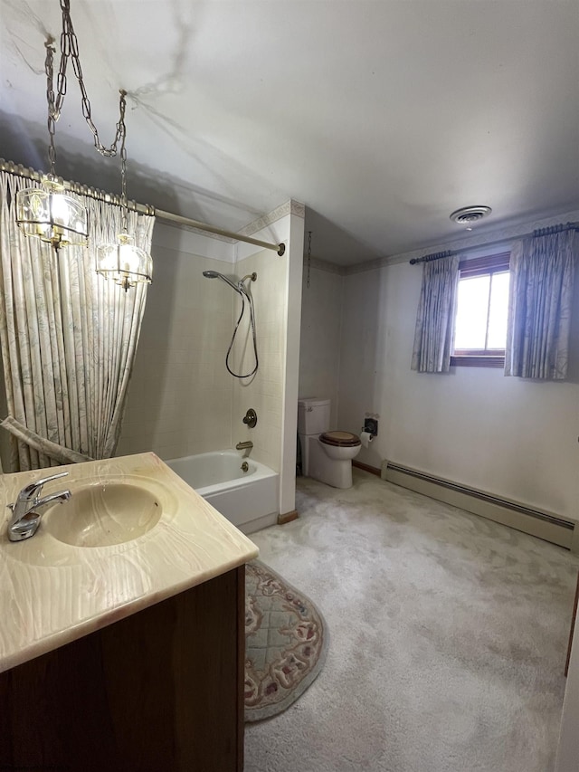 bathroom featuring toilet, vanity, visible vents, shower / washtub combination, and baseboard heating