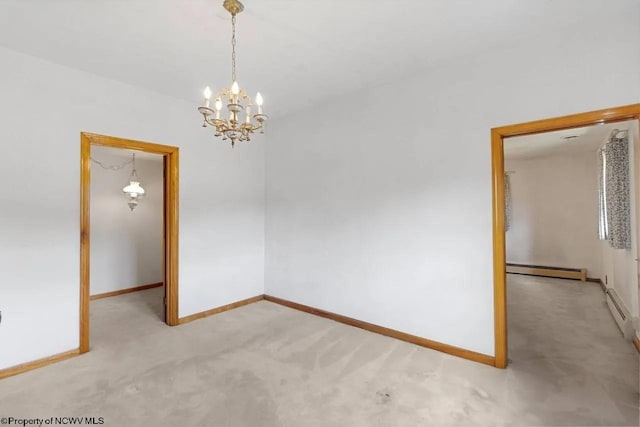 spare room with light carpet, baseboards, and a baseboard heating unit