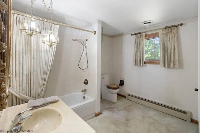 full bath with visible vents, toilet, a baseboard radiator, vanity, and washtub / shower combination