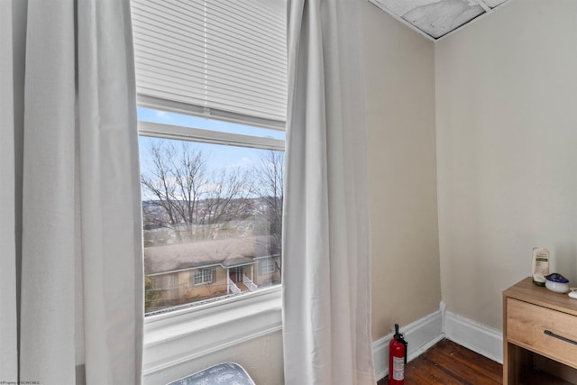 details with a fire extinguisher, baseboards, and wood finished floors