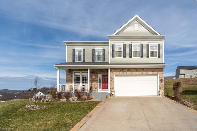 view of front of home featuring concrete driveway, an attached garage, covered porch, a front lawn, and brick siding