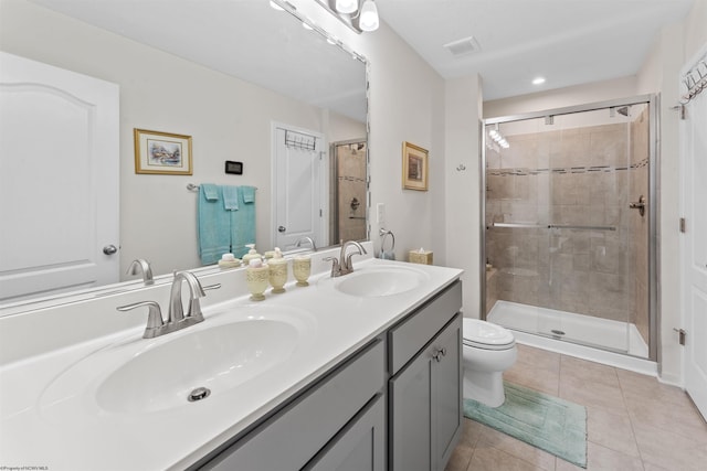 full bath with tile patterned flooring, visible vents, a sink, and a shower stall