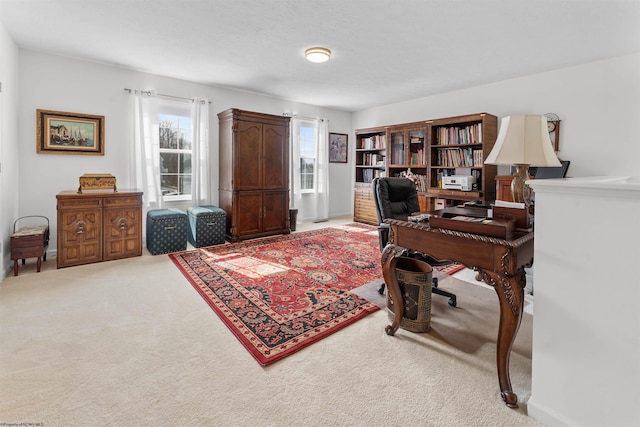 office area featuring light carpet and baseboards