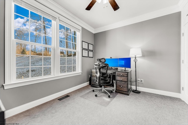 carpeted office with baseboards, visible vents, ceiling fan, and ornamental molding