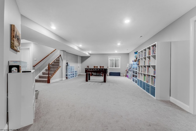 game room with recessed lighting, carpet flooring, and baseboards