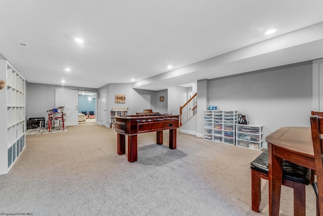 recreation room featuring recessed lighting, carpet flooring, and visible vents