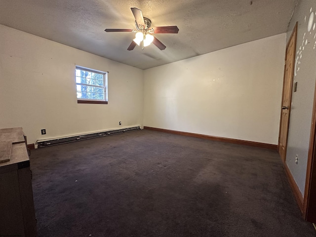 unfurnished room with a textured ceiling, a baseboard heating unit, a ceiling fan, baseboards, and dark carpet