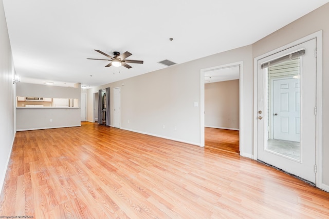 unfurnished living room featuring light wood finished floors, baseboards, visible vents, and a ceiling fan