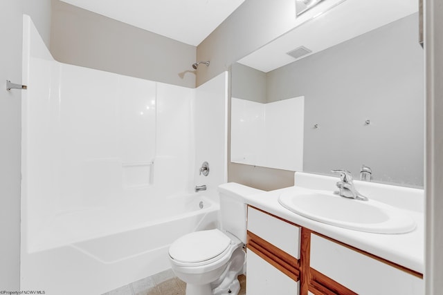 bathroom featuring bathtub / shower combination, visible vents, vanity, and toilet