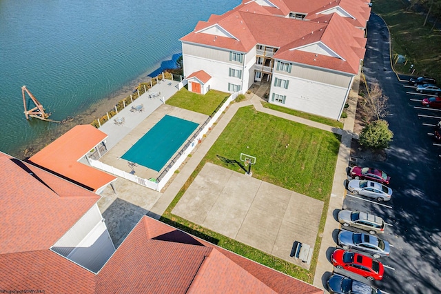 drone / aerial view featuring a water view