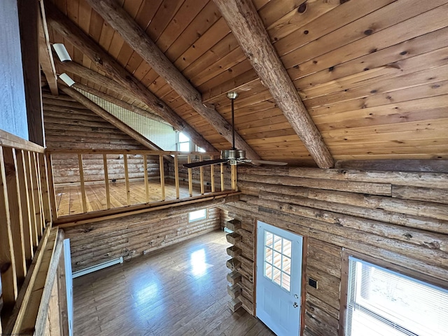 additional living space featuring log walls, lofted ceiling with beams, ceiling fan, wood finished floors, and wooden ceiling