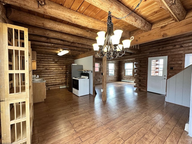 interior space featuring rustic walls, wooden ceiling, beam ceiling, and dark wood-style flooring