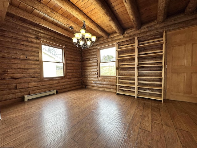 empty room with dark wood-style flooring, a baseboard radiator, wood ceiling, and a healthy amount of sunlight