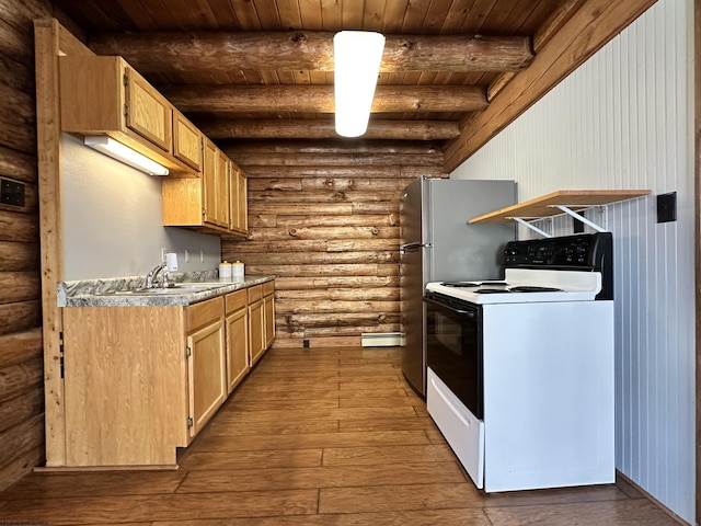 kitchen featuring beamed ceiling, hardwood / wood-style floors, range with electric stovetop, and wooden ceiling