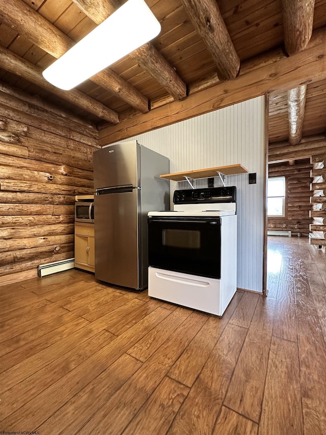 kitchen featuring wooden ceiling, wood-type flooring, appliances with stainless steel finishes, log walls, and a baseboard heating unit