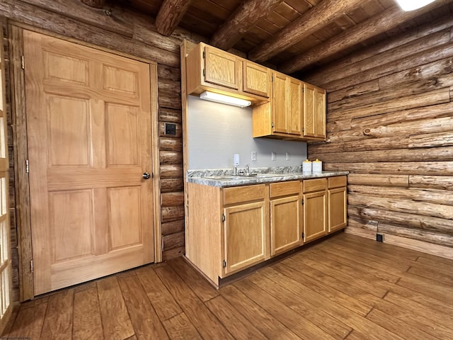 kitchen featuring dark wood-style floors, log walls, a sink, wooden ceiling, and beamed ceiling