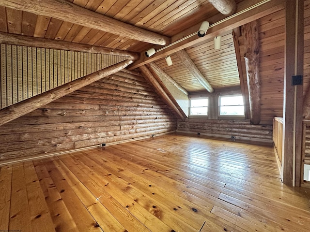 bonus room with vaulted ceiling with beams, hardwood / wood-style flooring, wood ceiling, and log walls