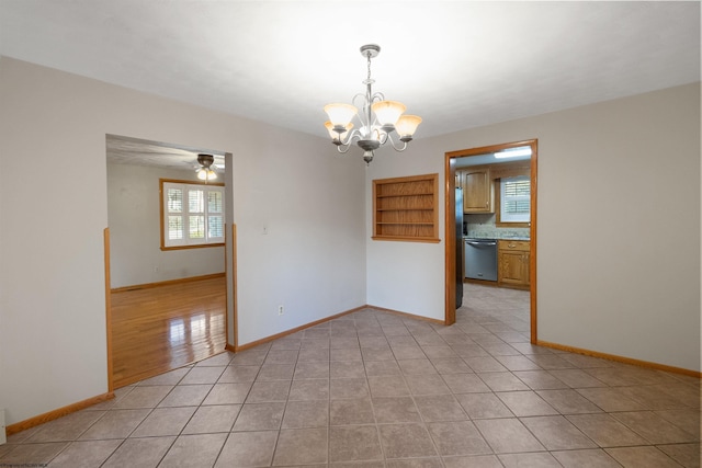 3508 Old Mill Rd, Weston, WV 26452 - spare room featuring light tile patterned floors, ceiling fan with notable chandelier, and baseboards
