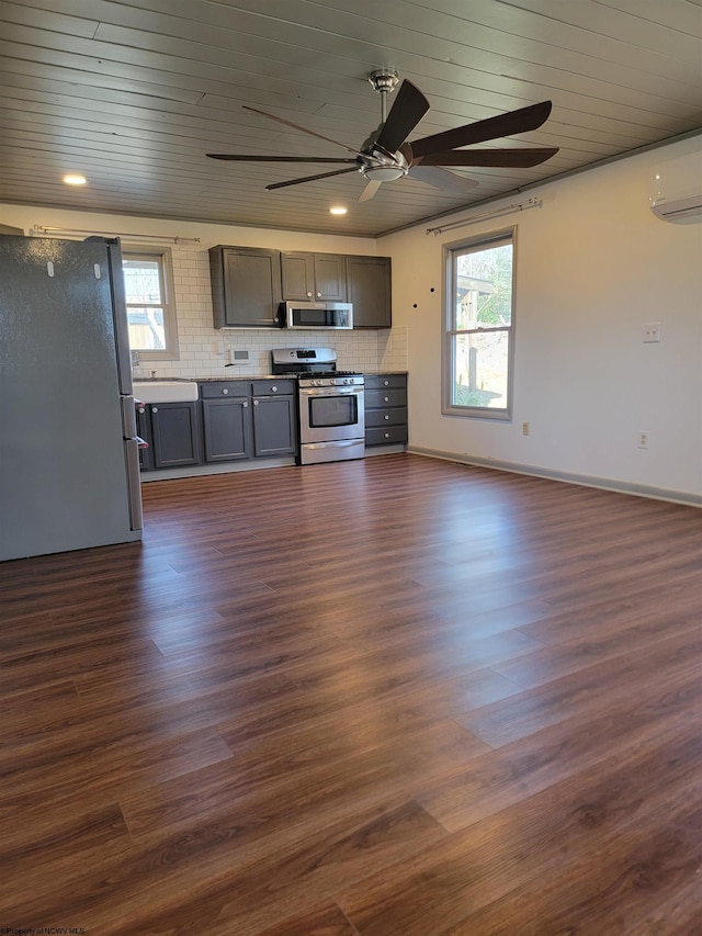 kitchen with decorative backsplash, dark wood-style flooring, stainless steel appliances, and a wealth of natural light