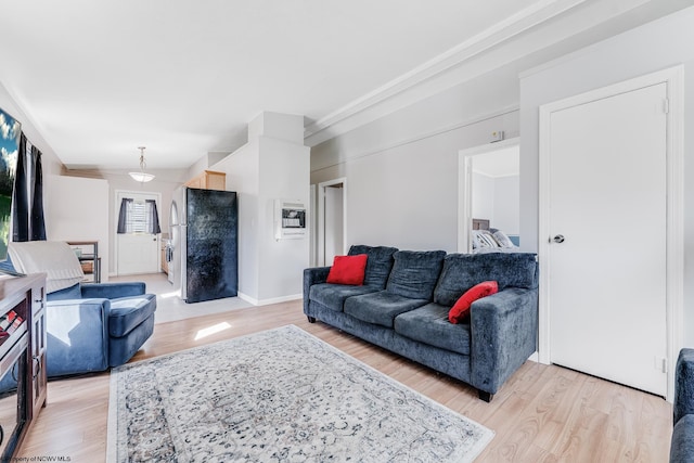 living room with heating unit and light wood-style floors