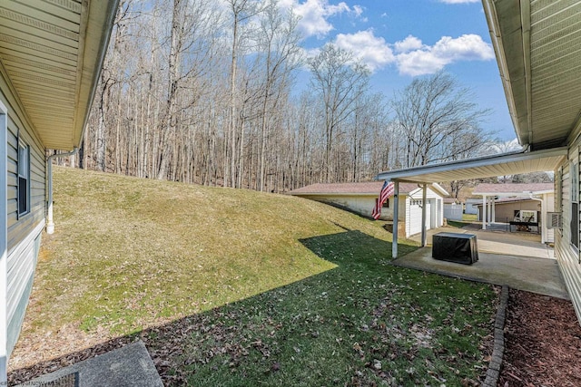 view of yard featuring an outbuilding and a patio