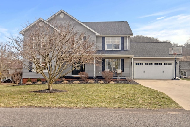 view of front of home featuring concrete driveway, covered porch, an attached garage, and a front lawn