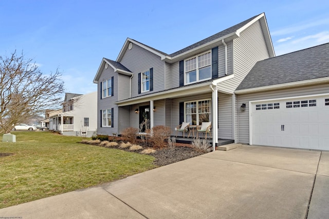 traditional home with a garage, concrete driveway, roof with shingles, a porch, and a front yard