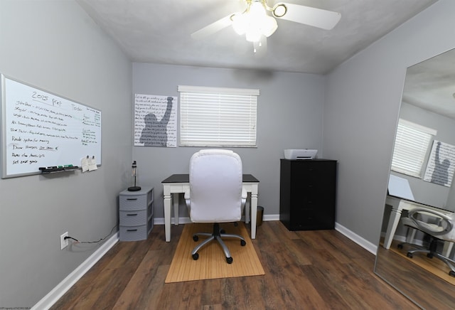 office area featuring ceiling fan, dark wood-style flooring, and baseboards