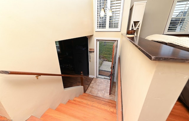 stairway featuring plenty of natural light and wood finished floors