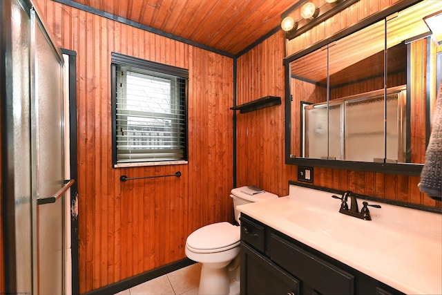 full bathroom with wood walls and a stall shower