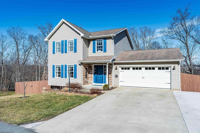 traditional home with an attached garage, fence, stone siding, driveway, and a front lawn