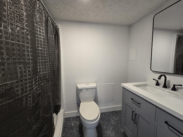 bathroom featuring a textured ceiling, baseboards, vanity, and a shower with curtain