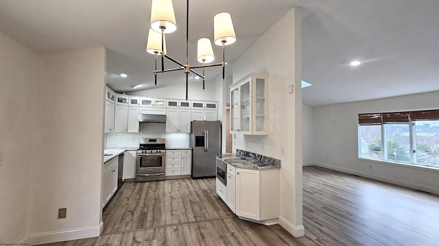 kitchen featuring tasteful backsplash, lofted ceiling, wood finished floors, stainless steel appliances, and under cabinet range hood