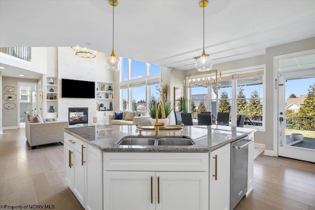 kitchen featuring dishwasher, a sink, a kitchen island with sink, and light wood-style floors