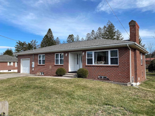 single story home with brick siding, a chimney, concrete driveway, a garage, and a front lawn