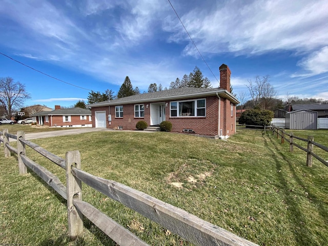 ranch-style home featuring a garage, driveway, a chimney, fence, and brick siding