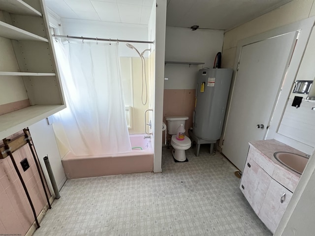 full bath featuring toilet, tile patterned floors, shower / bathtub combination with curtain, vanity, and water heater