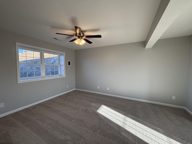 empty room featuring ceiling fan, baseboards, visible vents, and dark colored carpet