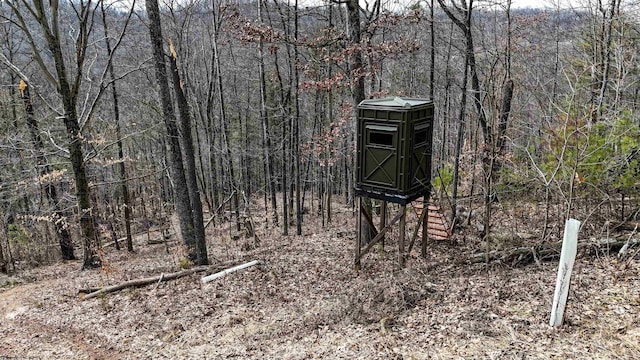 view of outdoor structure with a forest view