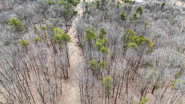 bird's eye view with a wooded view