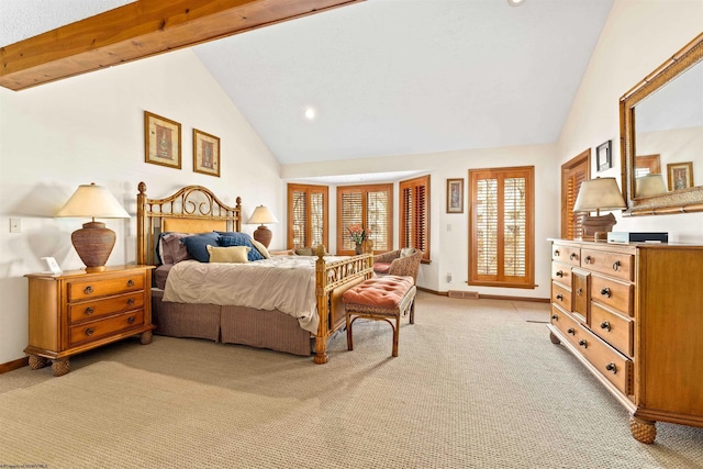 bedroom with high vaulted ceiling, light carpet, visible vents, baseboards, and beamed ceiling