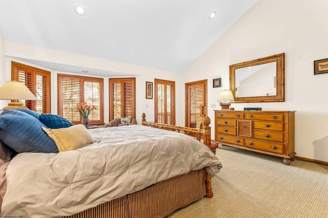 carpeted bedroom featuring high vaulted ceiling, recessed lighting, and baseboards