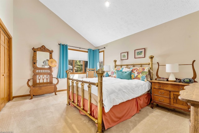 bedroom with a textured ceiling, high vaulted ceiling, baseboards, and light colored carpet