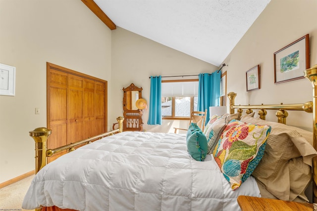 bedroom featuring a textured ceiling, high vaulted ceiling, baseboards, beam ceiling, and carpet