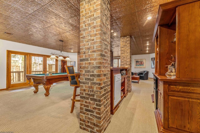 rec room with visible vents, pool table, an ornate ceiling, and light colored carpet