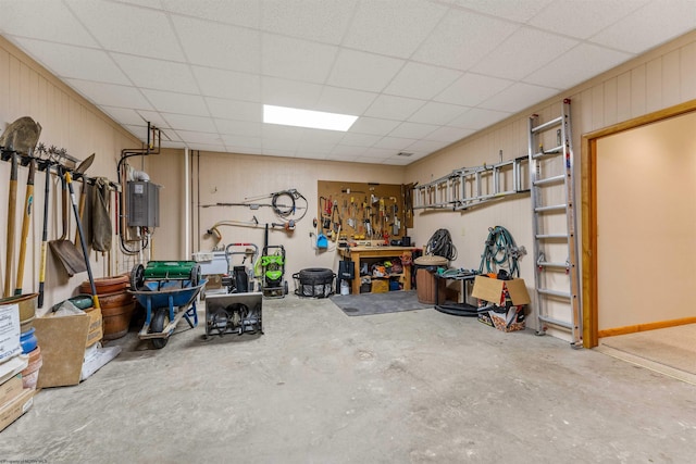 garage with a workshop area