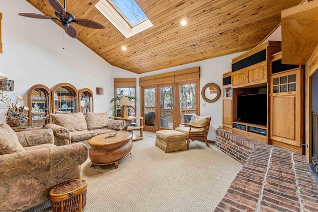 living room with high vaulted ceiling, recessed lighting, a skylight, wood ceiling, and carpet